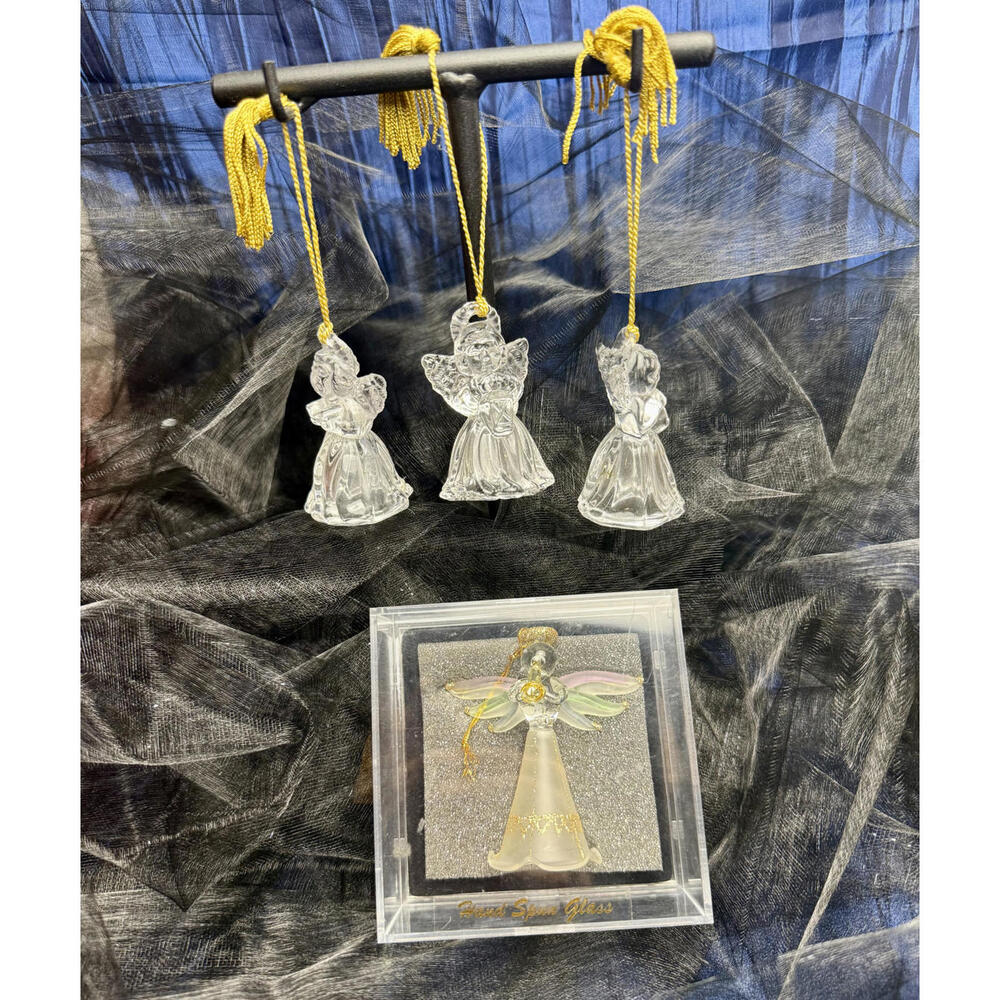 Santas Workbench Glass Angel, 3 Gorham German Crystal Angel Christmas Ornaments